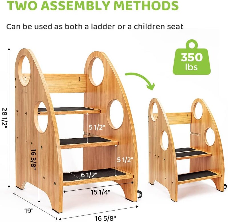 StrongTek Kids Step Stool, Step Ladder with Wheels & Safety Handles, 3-Tier Wooden Toddler Standing Tower, Convertible Chair with Non-Slip Steps, 350 lbs Capacity for Kitchen & Bathroom - Image 4